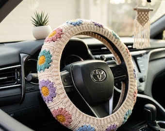Crochet Steering Wheel Cover Pattern, Daisy Granny Square PDF, Boho Car Decor, Beginner Crochet Pattern, Instant Download