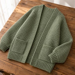 Könnte beinhalten: Ein salbeigrüner Cardigan mit offener Front und zwei Vordertaschen. Der Strickpullover hat ein strukturiertes Stichmuster sowie gerippte Bündchen und Saum. Das Kleidungsstück wird auf einer Holzoberfläche präsentiert.