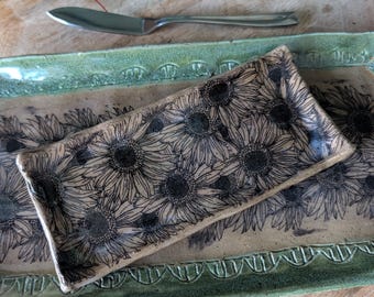 Handmade Sunflower Stoneware Tray, Farmhouse Kitchen Catchall, Hostess Gift