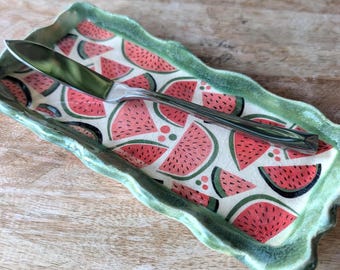 Handmade Watermelon Stoneware Jewelry Tray, Hand-Cut Green Edge Catchall