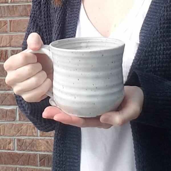 White speckled ceramic coffee mug / Wheel thrown pottery mug / Stoneware mug / Large mug /Rustic white mug / Gift for him / Gift for her