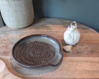 Two in one handmade Stoneware Garlic Grater Plate and Spoon Rest | Pottery Kitchen Tool