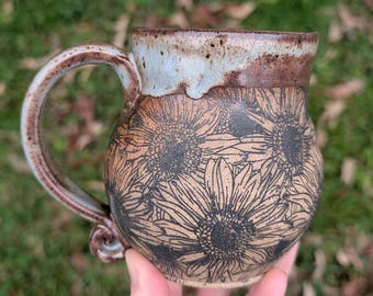 Handmade Sunflower Coffee Mug: 12 oz Wheel Thrown Stoneware Cup