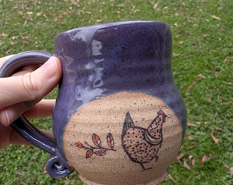 Purple Chicken Mug, Handmade Ceramic Coffee Cup, Unique Farmhouse Gift for Chicken Lovers