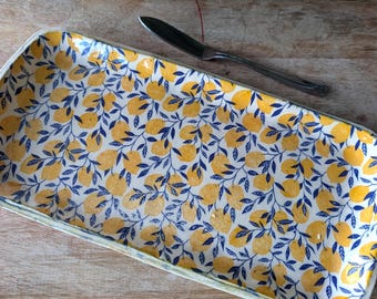 Lemon Serving Platter, Handmade Ceramic Charcuterie Board, Citrus Kitchen Decor, Hostess Gift, Appetizer Tray