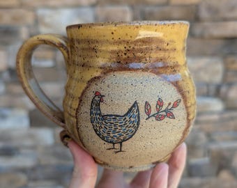 Handmade Chicken Coffee Mug / Wheel Thrown Stoneware Cup / Rustic Farmhouse Pottery Gift