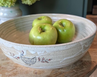 Chicken Lover Gift Handmade Pottery Bowl, Farmhouse Chicken Decor, Rustic Stoneware Bowl, Country Centerpiece, Ceramic Serving