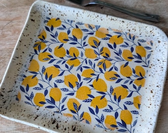 Handmade Lemon Stoneware Serving Tray, White Ceramic Catchall Dish (7.5" x 6.5")