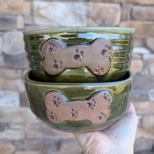 Set of Handmade Square Ceramic Dog Bowls: Pottery Food/Water Dish