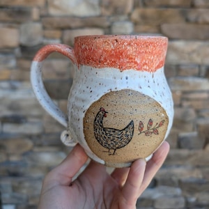 Handmade Chicken Coffee Mug / Wheel Thrown Stoneware Cup / Rustic Farmhouse Pottery Gift