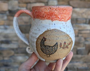 Handmade Chicken Coffee Mug / Wheel Thrown Stoneware Cup / Rustic Farmhouse Pottery Gift