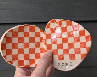 Orange Checkered Spoon Rest Handmade Pottery, Southern Kitchen Decor | Ceramic Tea Rest, Housewarming Gift, College Fan Gift