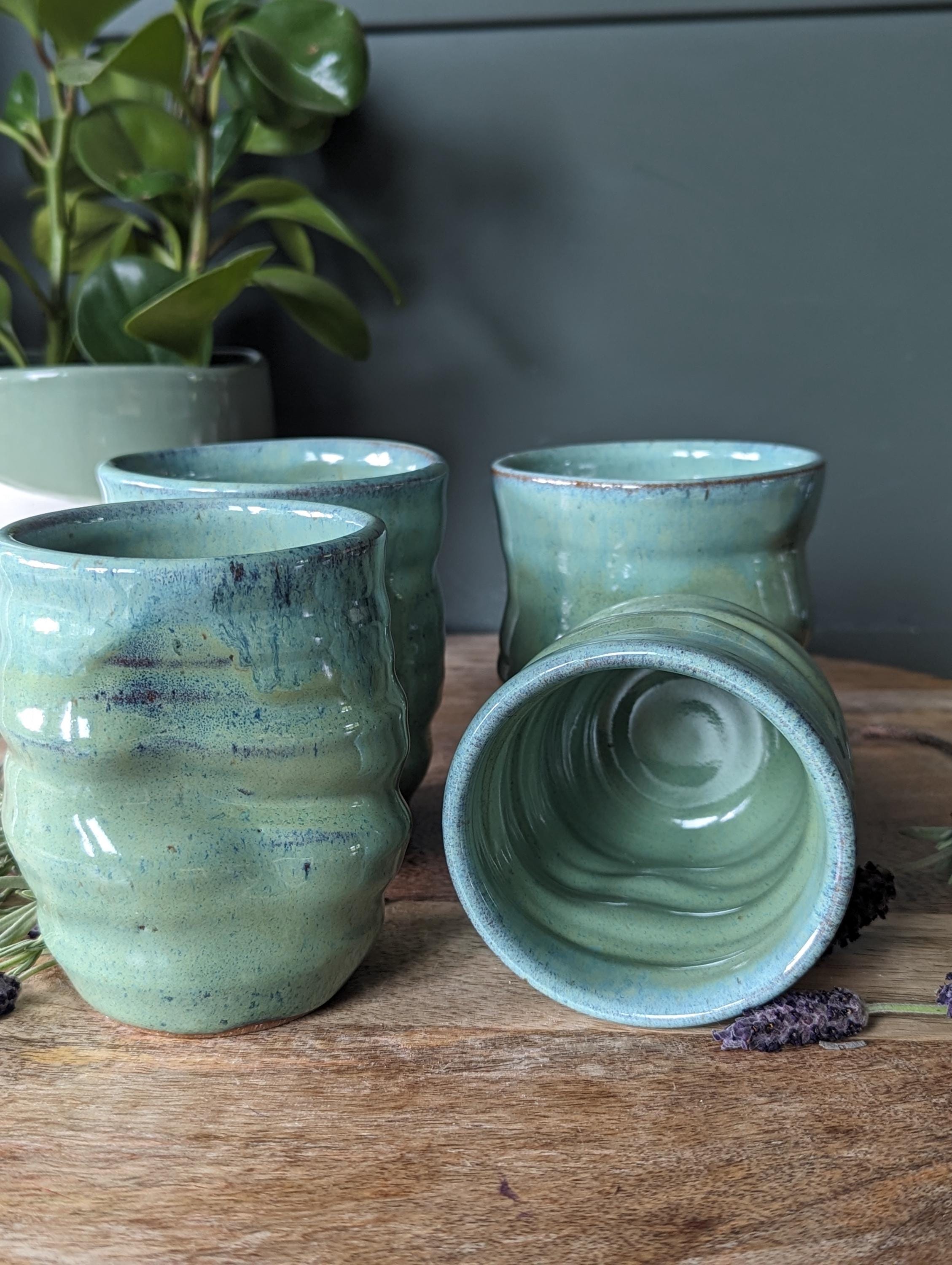 Pottery mug no handle, Stemless ceramic wine glass, wheel thrown dented pottery cup,  handless ceramic tumbler