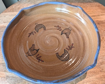 Handmade Pottery Fruit Bowl, Farmhouse Kitchen Decor, Hen Illustrations, Stoneware Serving Dish