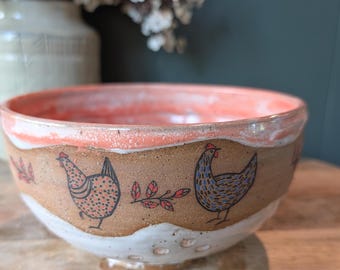 Handmade Chicken Berry Bowl, Wheel Thrown Stoneware Colander, Farmhouse Kitchen Decor