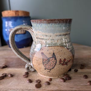 Pottery Chicken Mugs Farmhouse Speckled Stoneware in Vanilla Bean dipped in blue