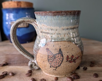 Pottery Chicken Mugs Farmhouse Speckled Stoneware in Vanilla Bean dipped in blue