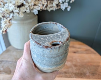 Ceramic Travel Mug, Pottery Coffee Mustache Protector, Splash Proof Design Cup, Swirl Grip Tall Handleless to Go, Easy Hold Thrown Travel