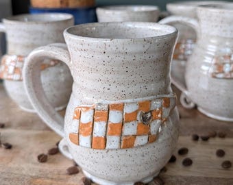 Handmade Tennessee Vols Mug: Orange & White Checkered Stoneware
