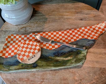 Handmade Smoky Mountains Charcuterie Board, Orange Checkered Pottery Serving Platter