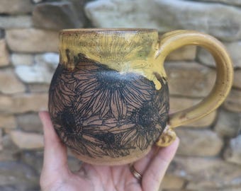 Handmade Sunflower Coffee Mug: 12 oz Wheel Thrown Stoneware Cup