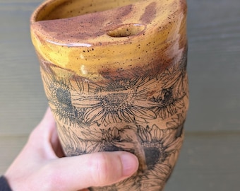 Handleless Ceramic Travel Mug, Sunflower – 16oz Stoneware To-Go Cup with Swirl Grip, Coffee Lover Gift