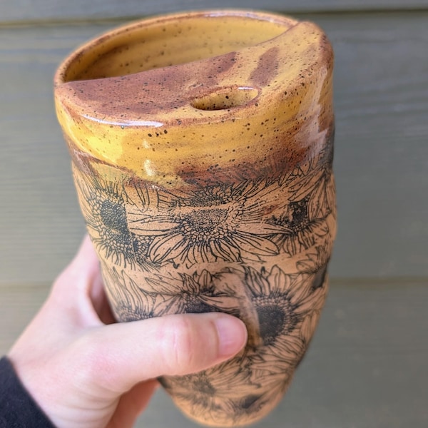 Taza de viaje de cerámica sin asa, Girasol: Taza de gres para llevar de 473 ml con agarre en espiral, Regalo para amantes del café