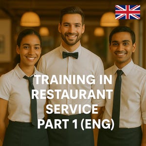 以下が含まれることがあります： 白いシャツとネクタイを着た3人の笑顔の人々。テキスト「TRAINING IN RESTAURANT SERVICE PART 1 (ENG)」とイギリス国旗が画像に表示されています。
