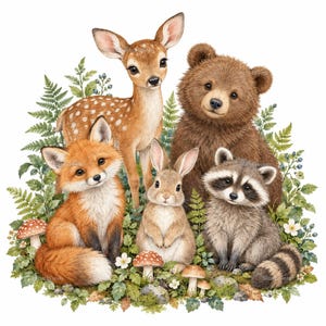 Könnte beinhalten: Eine digitale Illustration eines Rehkitzes, eines Braunbärenjungen, eines Rotfuchses, eines Kaninchens und eines Waschbären, die beieinander sitzen. Die Tiere sind von grünen Farnen, kleinen weißen Blumen und roten Pilzen umgeben.
