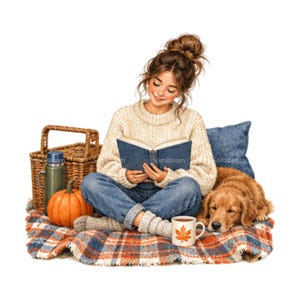 Op de afbeelding: Een digitale illustratie van een persoon met een rommelige knot, gekleed in een crèmekleurige kabeltrui, blauwe jeans en grijze sokken, lezend in een blauw boek op een geruite deken met een golden retriever, een rieten mand en een pompoen.