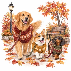 May include: A golden retriever, a corgi, and a dachshund wearing knit sweaters with leaf patterns. The dogs are on leashes in a park setting with a lamppost, a wooden bench, and a tree with orange autumn leaves scattered on the ground.