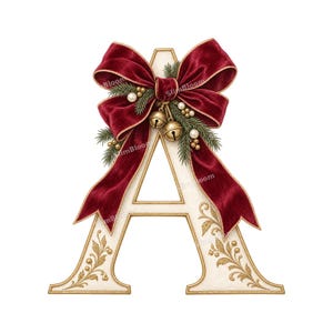 May include: A decorative letter A in an off-white finish with gold trim and gold leaf-style scrollwork. The letter is adorned with a large, deep red velvet bow, green pine sprigs, small gold jingle bells, and clusters of tiny white pearls.