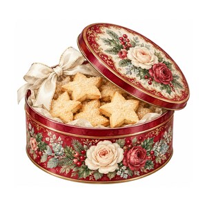 Peut inclure: Une boîte ronde en métal rouge remplie de biscuits au sucre en forme d'étoile, surmontée d'un ruban couleur crème. La boîte présente un motif floral avec des roses blanches et rouges, des aiguilles de pin et des baies rouges.