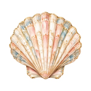 May include: A fan-shaped scallop shell featuring a watercolor-style design with vertical ridges. The shell displays a color palette of soft pink, muted blue, and cream tones, with a gold-toned outline along the scalloped edges.