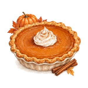 Puede incluir: Una tarta de calabaza en un plato de cerámica estriado, cubierta con un remolino de nata montada y una pizca de especias. Una calabaza naranja y dos ramas de canela marrón descansan cerca, junto a varias hojas de otoño naranjas y marrones.