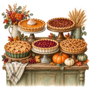 Puede incluir: Una colección de cuatro tartas sobre pedestales, incluyendo calabaza con nata montada, nuez pecana, cereza y crumble de manzana. El conjunto presenta follaje otoñal, espigas de trigo, calabazas, ramas de canela y un paño a rayas sobre una mesa.