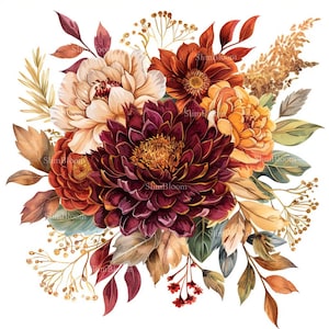 18 Autumn Bouquet Clipart PNG, Watercolor Fall Flowers, Dahlia & Chrysanthemum Floral Bundle