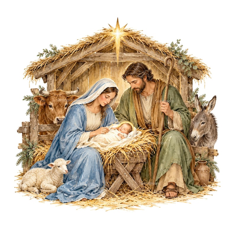 Rustic Nativity Background 20 Christmas Nativity Clipart JPG Watercolor Holy Family Baby Jesus ...