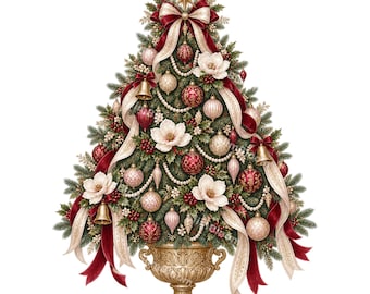 May include: A decorated Christmas tree in a gold urn, featuring green pine branches, red and cream ribbons, white magnolia flowers, gold bells, and various red, gold, and cream ornaments. A gold star topper sits at the peak of the tree.
