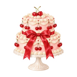 Può includere: Una torta rosa a due piani su un'alzata bianca, decorata con ciuffi di glassa bianca, un grande fiocco di nastro di raso rosso e diverse coppie di ciliegie rosso brillante appese ai bordi e posizionate sulla superficie superiore.