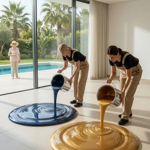 Puede incluir: Dos personas con ropa de trabajo vierten pintura azul y dorada de cubos metálicos sobre un suelo embaldosado, creando grandes charcos circulares. La imagen incluye el texto "Create This Video Exact Prompts". Una persona está de pie en el fondo cerca de una piscina.