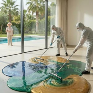 May include: An interior scene shows a large window overlooking a pool and palm trees. The floor features a swirling pattern of blue, green, and gold paint. Two people in white suits are spreading the paint with squeegees. Text at the top reads "CREATE THIS VIDEO EXACT PROMPTS."