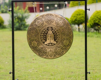 Großer handgefertigter Gong: Tibetische Glocke für Meditation und Klangheilung mit Ständer