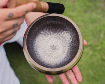 May include: A bronze-colored singing bowl with a textured interior and a wooden mallet with a black striking end. The bowl is held in a person's hand, with a green background.