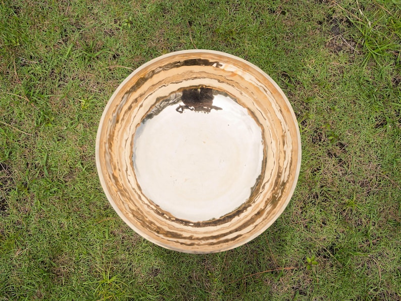 May include: Overhead view of a large, round ceramic bowl with a cream-colored interior and a textured, brown and tan rim. The bowl sits on a bed of green grass, creating a natural, earthy aesthetic.