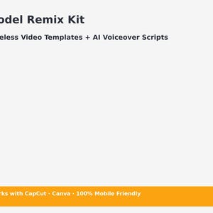May include: The image displays the text "Model Remix Kit" above "Faceless Video Templates + AI Voiceover Scripts." A yellow banner at the bottom reads "Works with CapCut • Canva • 100% Mobile Friendly."