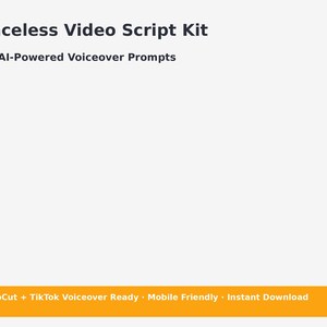 May include: A digital product named "Faceless Video Script Kit" with the subtitle "50 AI-Powered Voiceover Prompts." The image features the text "CapCut + TikTok Voiceover Ready," "Mobile Friendly," and "Instant Download" on an orange banner.