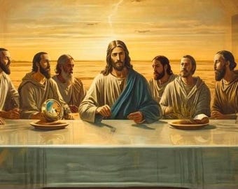 Christliches Wandbild zum Thema Letztes Abendmahl: Mystisch-surrealistisches Kunstwerk fürs Wohnzimmer, modernes Einzugsgeschenk, digitaler Download