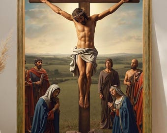 Crucifixion Painting of Jesus Catholic Wall Art, Realistic Printable Christian Artwork Living Room Decor, Digital Download