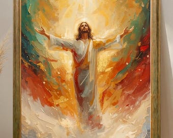 Pintura de Jesús, arte mural católico digital, arte mural religioso cristiano abstracto de Cristo en el cielo para imprimir, regalo de inauguración de casa